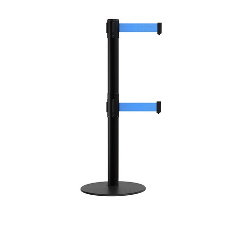 Montour Line Stanchion Dual Belt Barrier Flat Base Black Post 13ft. Lt Blue Belt S400D-BK-LBL-130